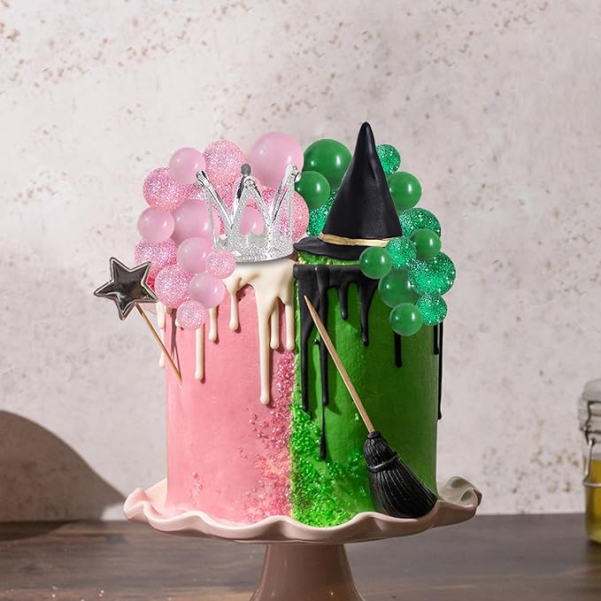BEISHIDA 42 pcs Foam Ball Cake Toppers with Witch Hat and Crown Decorations Cake Decorations for Witch Theme Party Decor Pink and Green Decorations Supplies
