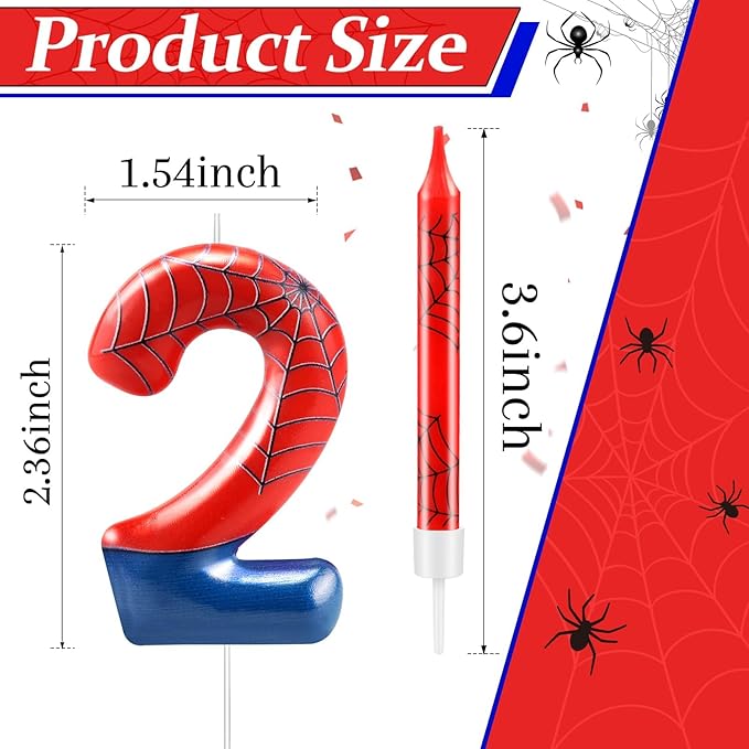 13 Pcs Spider Themed Birthday Candle Set Red Spider Theme Number 2 Candle Cake Topper for Boys Girls Birthday Decoration Spider Party Decoration Supplies (Number 2)