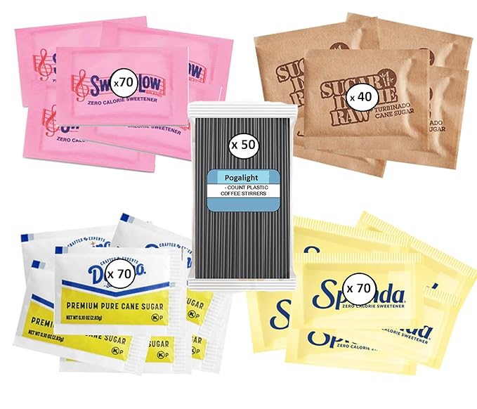 Pogalight Premium, Sugar and Sweeteners Variety Pack (300-Pack) - 70 Pure Cane Sugar, 40 Brown Sugar,70 Yellow Stevia, 70 Pink Sweetener, 50 Stirrers - Perfect for Coffee, Tea, Baking, Office, Restaurant,