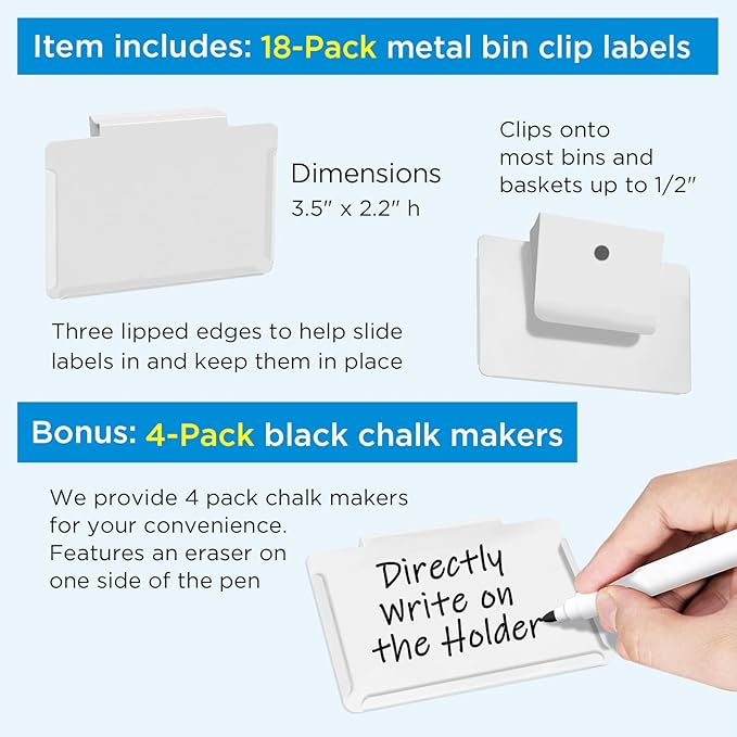 Metal Pantry Baskets Labels Clip On for Storage Bins | Edge Fold-Cream (Edge Fold-White, 18 Metal Label Clip)