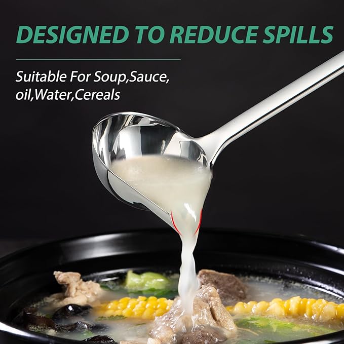 Gravy Ladle with Spout, Stainless Steel Large Ladles for Serving Sauce, Metal Ladle with Long Handle for Kitchen, Comfortable Grip, Durable Construction, Silver (4 oz)