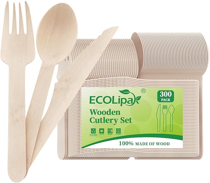 ECOLipak 300 Count Disposable Wooden Cutlery Set, 100 Knives, Forks and Spoons each, Splinter-Free Compostable Wooden Disposable Utensils for Party, Camping, Traveling, Family Dinners