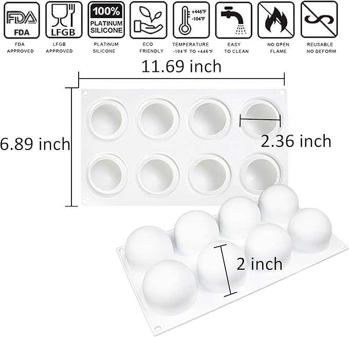 OCPO KITCHEN 3D Sphere Silicone Mold for Baking Mousse Cake Candy Pastry Chocolate Truffle Jelly Cookie Pudding, Ball Shape (8-Cavity)