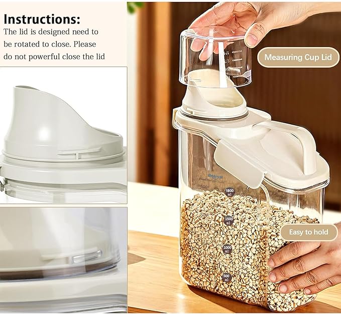 Cereal Containers Storage,2L Airtight Large Dry Food Storage Containers with Pouring Spout, Measuring Cup for Flour and Grain,BPA Free Plastic Dispenser ((1pcs) White-67oz)