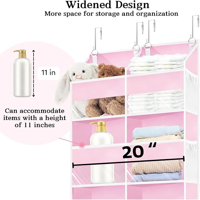 Pink Over The Door Organizer 5 Tiers, Extra Large Behind Door Storage of 10 Compartments, 50 lbs Weight Capacity Over The Door Storage for Closet, Diaper Organizer