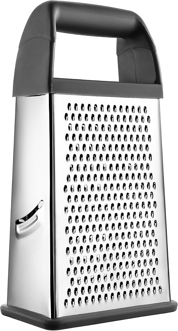 Spring Chef Professional Gray 10" Stainless Steel Parmesan Cheese Grater with Handle, 4 Sided Handheld Box Grater, Kitchen Carrot Shredder for Potato, Cheese, Ginger, Vegetables, Hashbrown