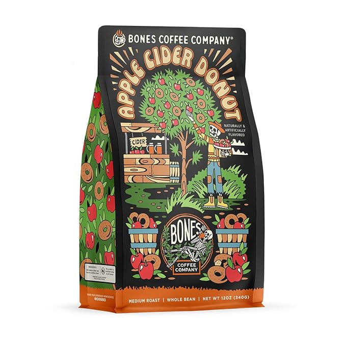 Bones Coffee Company Apple Cider Donut Flavored Coffee, Medium Roast Low Acid Arabica Beans Compatible with Auto drip and French Press Coffee Maker, 12 Oz Ground