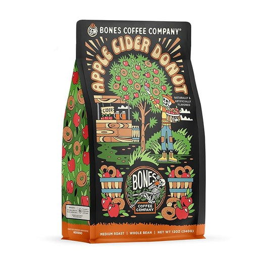 Bones Coffee Company Apple Cider Donut Flavored Coffee, Medium Roast Low Acid Arabica Beans Compatible with Auto drip and French Press Coffee Maker, 12 Oz Ground