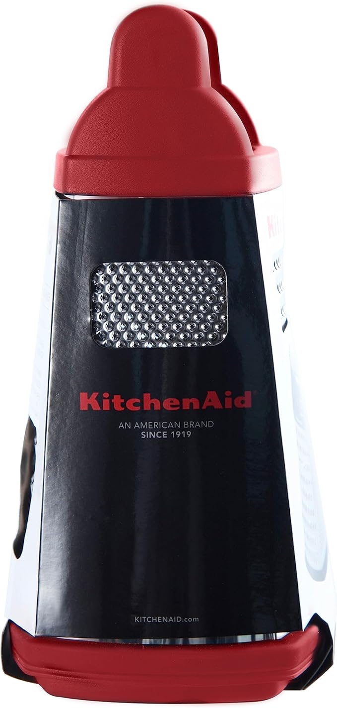 KitchenAid Gourmet 4-Sided Stainless Steel Box Grater for Fine, Medium and Coarse Grate, and Slicing, Detachable 3 Cup Storage Container and Measurment Markings, Dishwasher Safe, 10 inch, Red