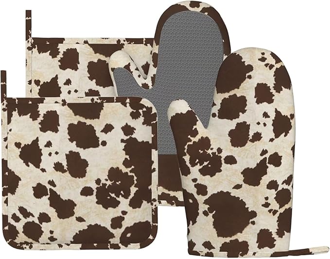 Brown Cowhide Oven Mitts and Pot Holders Sets Silicone Brown Cow Print Kitchen Mitts Cowhide Skin Pattern Potholders Heat Resistant 4Pcs Oven Gloves Hot Pads for Kitchen Baking Cooking