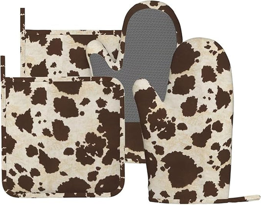 Brown Cowhide Oven Mitts and Pot Holders Sets Silicone Brown Cow Print Kitchen Mitts Cowhide Skin Pattern Potholders Heat Resistant 4Pcs Oven Gloves Hot Pads for Kitchen Baking Cooking