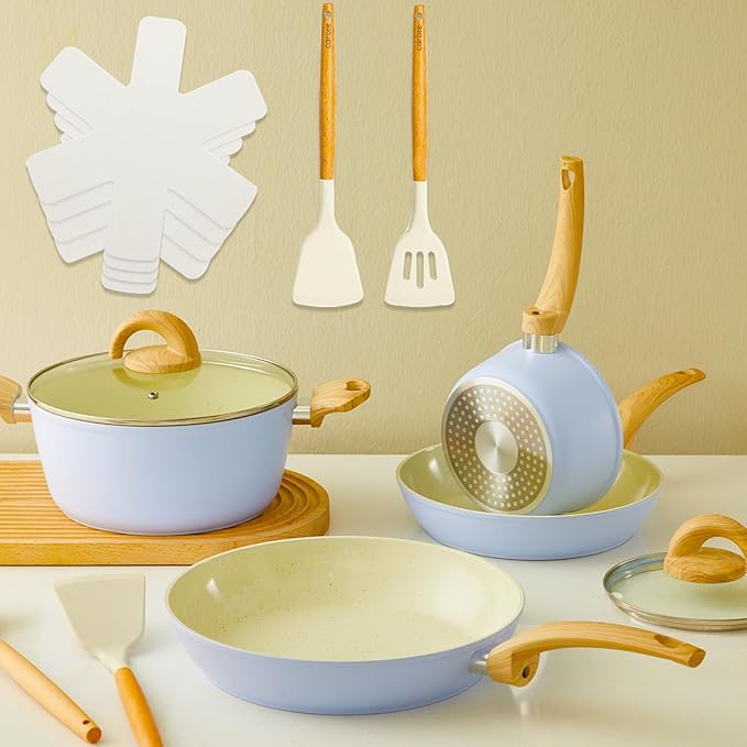 Blue Non Stick Pots and Pans Set, Healthy Ceramic Cookware Set, 12pcs Kitchen Cooking Pots and Frying Sauce Saute Pans Set, PFAS-Free with Kitchen Utensils and Lid