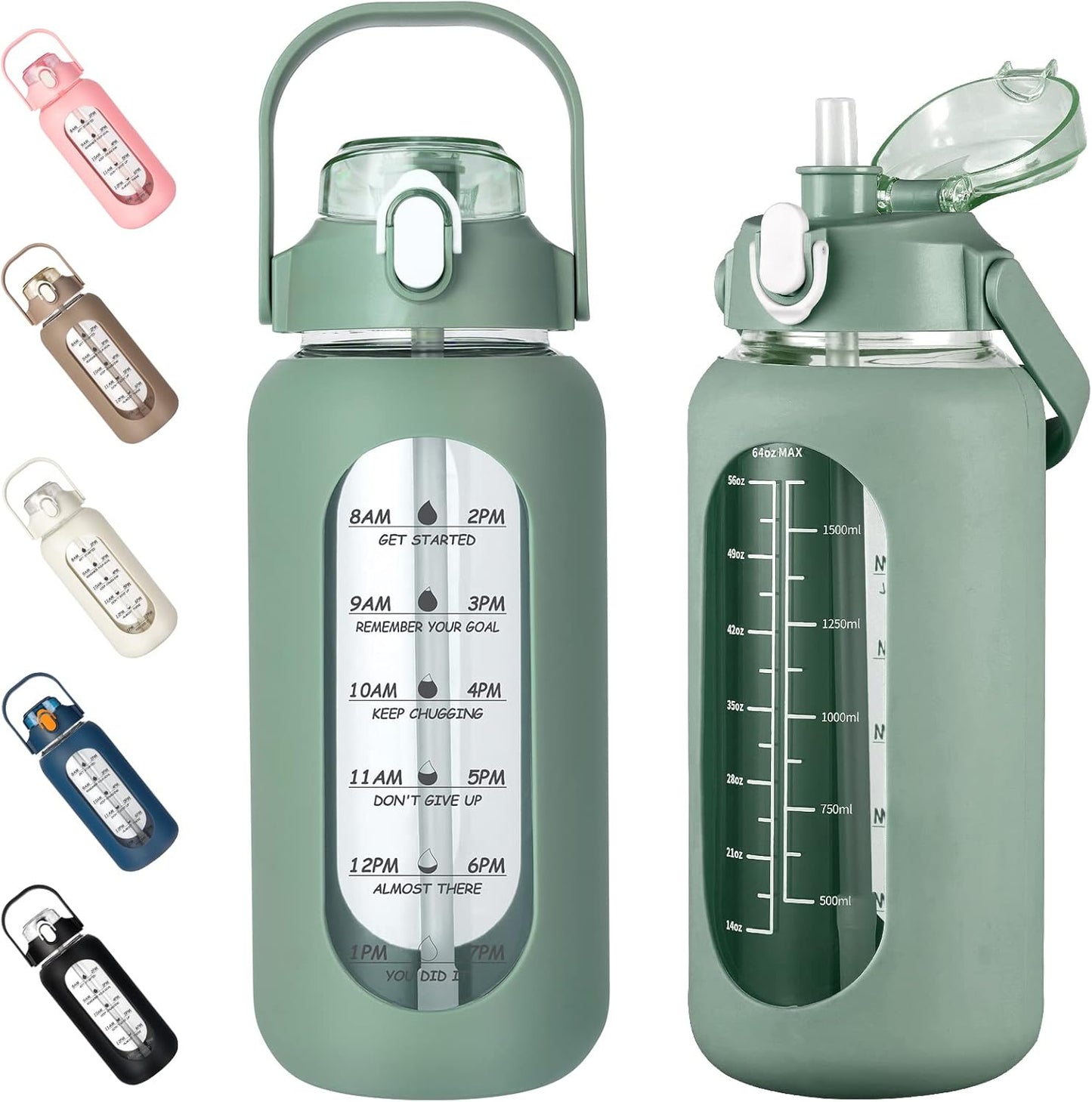 kytffu 64oz Glass Water Bottles with Straw, Half Gallon Motivational Glass Bottle with Silicone Sleeve and Time Marker, 2L Leakproof Large Glass Water Jug for Gym Home Office,olive