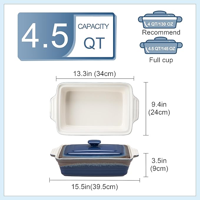 LOVECASA 4.5 Quart Ceramic Casserole Dish with Lid, 9x13 Baking Dish for Oven, Lasagna Pan Deep with Handles, Stoneware Bakeware, Oven & Dishwasher Safe, Blue Gray Gradient