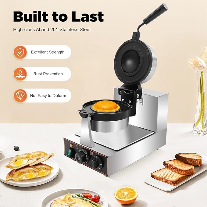 Burger Waffle Maker, Belgian Stainless Steel Nonstick Plates Waffle Burger Maker Machine, Time & Temperature Control, Cool Touch Thick Handle, Panini Press Machine for Baking Delicious (Single Head)
