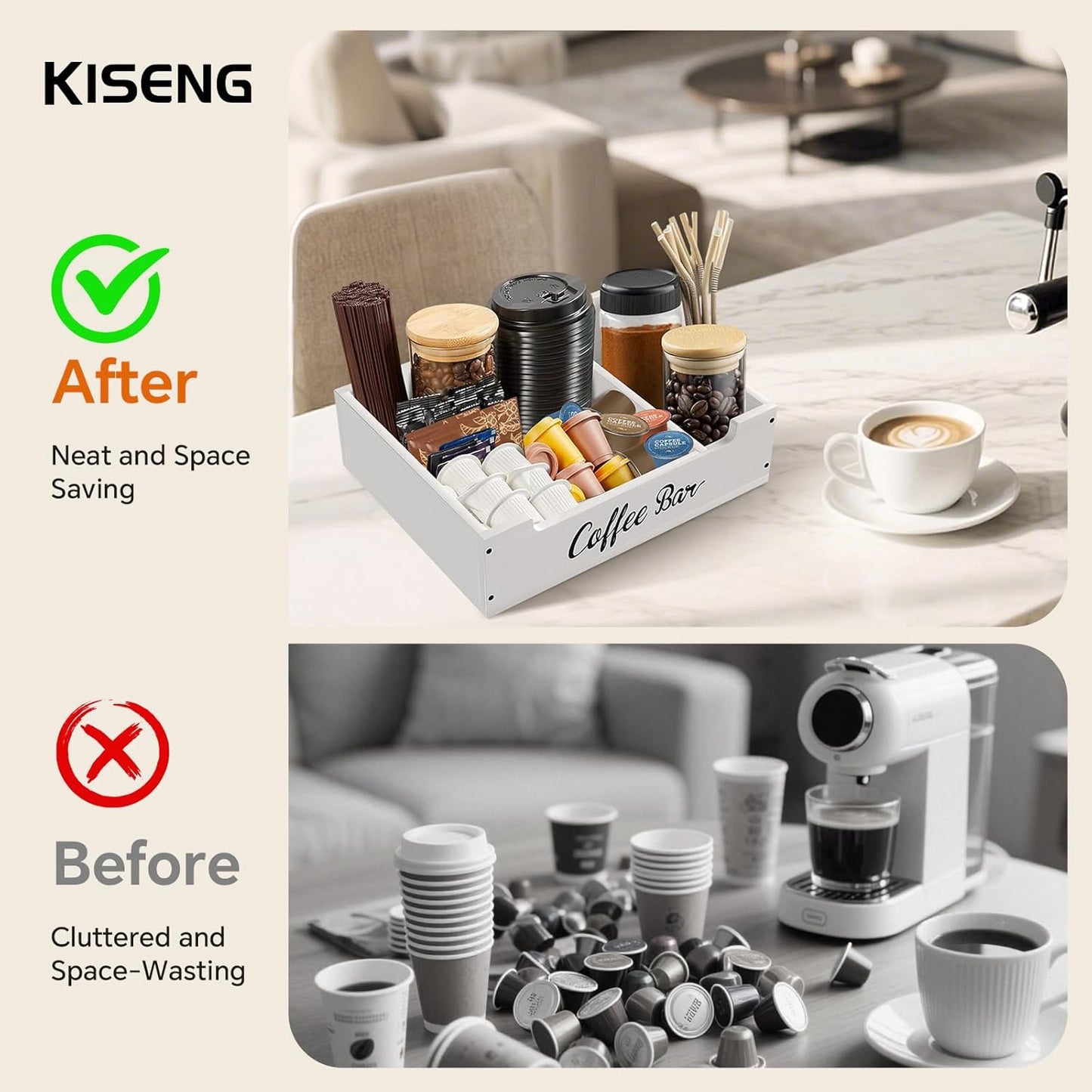 Coffee Pod Bar Station Wooden 14" X 10" X 4" Organizer Box for Countertop, Counter Top Tea Espresso Cup Wood Storage Box, White