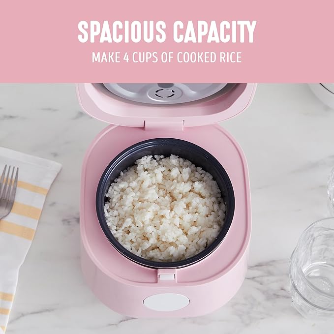 GreenLife Digital Rice Cooker, 2-Cups Uncooked/4-Cups Cooked, Removable Nonstick Ceramic PFAS-Free Pot, One-Touch Presets, Oats, Quinoa, Brown Rice, Auto Keep Warm, Fuzzy Logic Tech, 1.5 QT, Pink