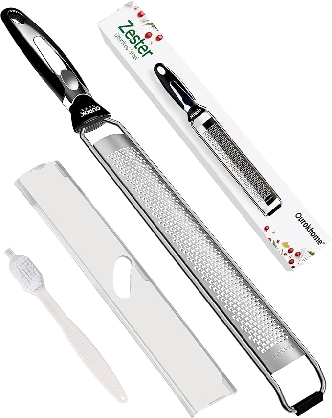 Ourokhome Kitchen Lemon Zester, Stainless Steel Hand Held Parmesan Cheese Grater for Ginger, Chocolate, Coconut, Lime, Nutmeg, Citrus, Fruit, Vegetable with Cleaning Brush, Dishwasher safe, Black