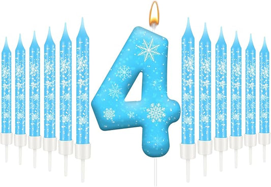 13PCS White and Blue Frozen Themed Party Birthday Candles Set - Blue Number Candles Snowflake Themed Decorations, Girls Party Supplies(Number 4)