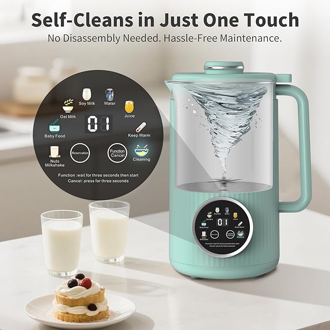 35oz Soy Milk Maker Machine: 8-in-1 Nut Milk Maker for Oat Milk, Vegan Drinks, Baby Food Blender - Plant-Based Milk Machine with Stainless Steel, LED Touch, Auto Shutoff (Green)
