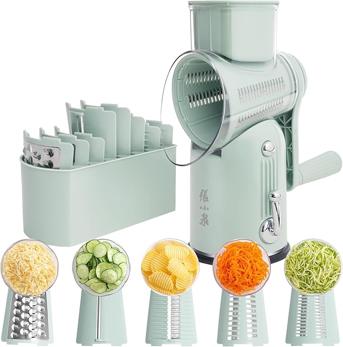 ZHANG XIAO QUAN SINCE 1628 5-in-1 Interchangeable Blades Rotary Cheese Grater Hand Crank, Cheese Shredder Mandoline Vegetable Julienne Slicer Cutter Nut Chopper with Anti-Slip Base, Blade Storage