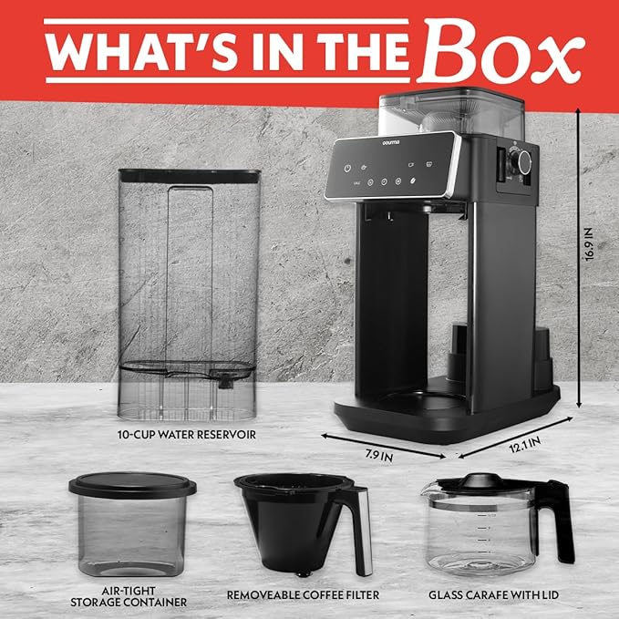 Gourmia 10-Cup Grind & Brew Coffee Maker – Built-in Adjustable Grinder, Programmable Digital Timer, 3 Brew Strengths, 4-Hour Keep-Warm, Auto Shut-Off, Pause & Serve, Glass Carafe, Stainless Steel