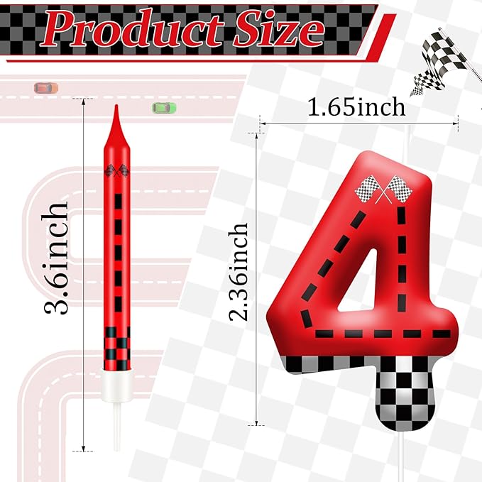 13PCS Racing Car Theme Birthday Candle Set with Checkered Flag Design - Durable Cake Topper for Race Car Party Decorations, Kids Birthday Supplies - Number 4 Candle for Racing-Themed Celebrations