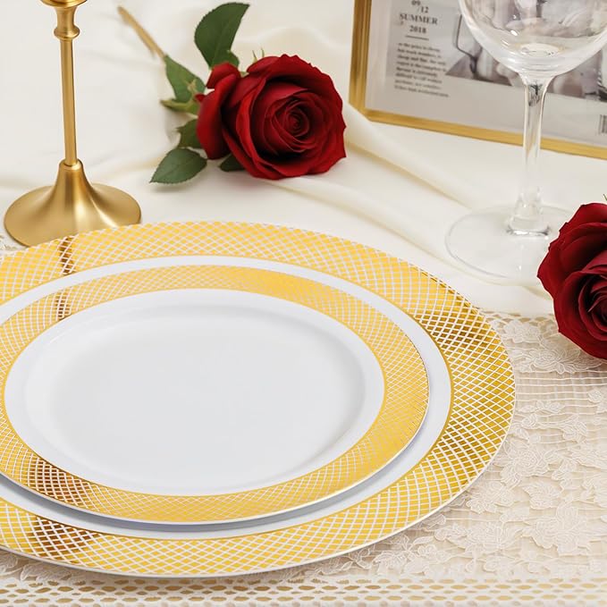 I00000 102 Pcs Gold Plastic Plates, Disposable Party Plates Include 51 Gold Dinner Plate 10.25’’ and 51 Disposable Dessert Plate 7.5’’ Perfect for Party & Wedding