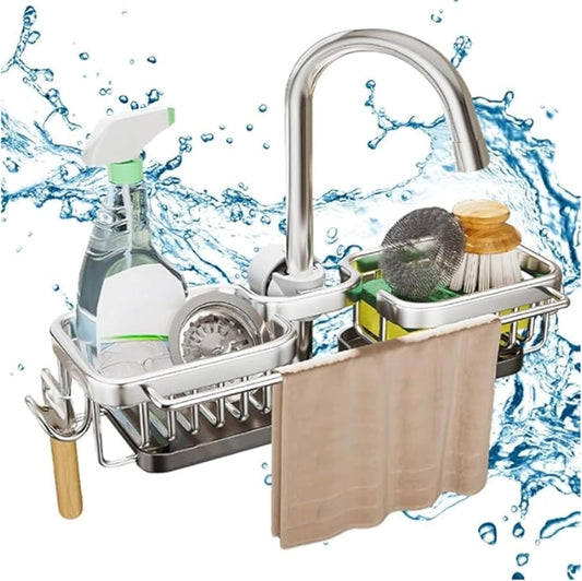 Kitchen Sink Faucet Organizer Multifunction Sponge Holder Organizer Sink Drain Holder Over Faucet Kitchen Sink Caddy with Hook Adjustable for 0.7-1.1inch Round Water Pipe (Silver, B)