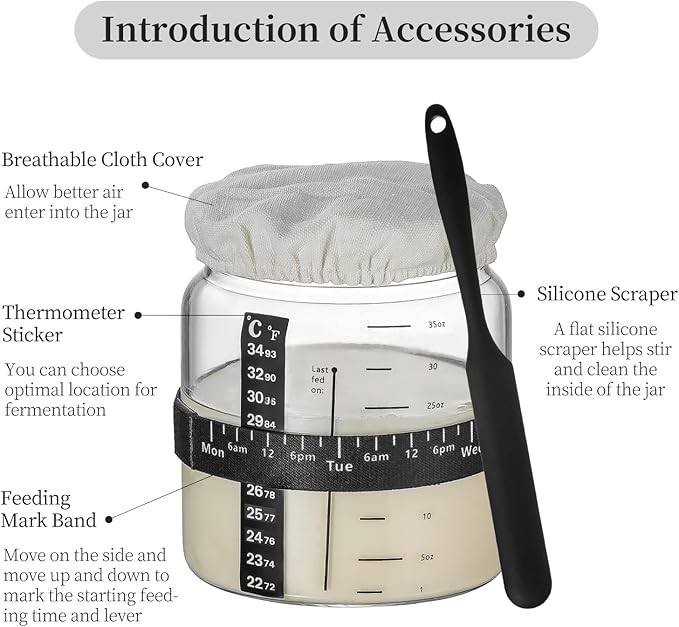 Wissy&Konny Sourdough Starter Jar，Wood Sealed Lid with Automatic Exhaust,35OZ with Ounce Scale Line,Date Marked Feeding Band, Thermometer, Sourdough Jar Scraper,Wide Mouth for Sourdough Bread Baking