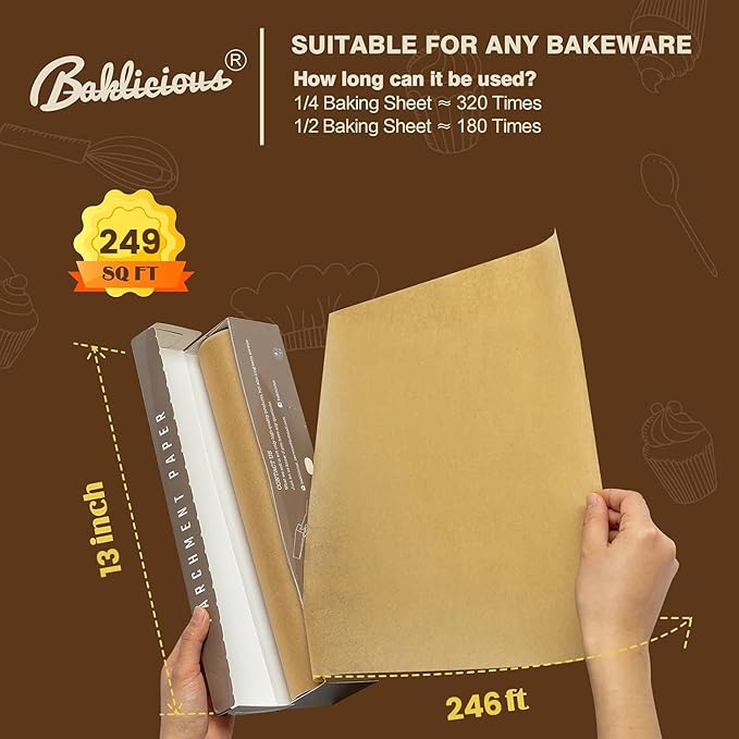 Unbleached Parchment Paper Roll for Baking, 13 in x 242 Ft, 249 Sq.Ft, Baklicious Non-stick Baking Parchment Paper for Baking, Cookies, Bread, Oven, Air Fryer, Steamer, Baking paper