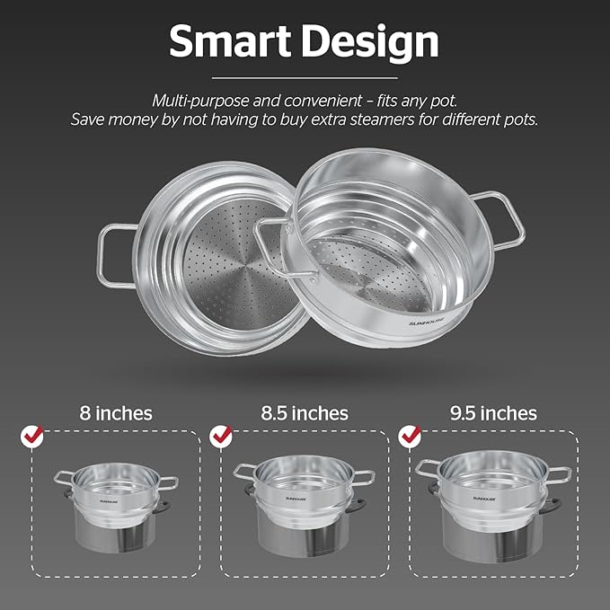 SUNHOUSE 5 Quart Stainless Steel Steamer Insert – Multi-Purpose Soup & Food Steamer with Stay-Cool Handles & Heavy-Duty Glass Lid – Fits Various Pot Sizes (8", 9", 9.5")