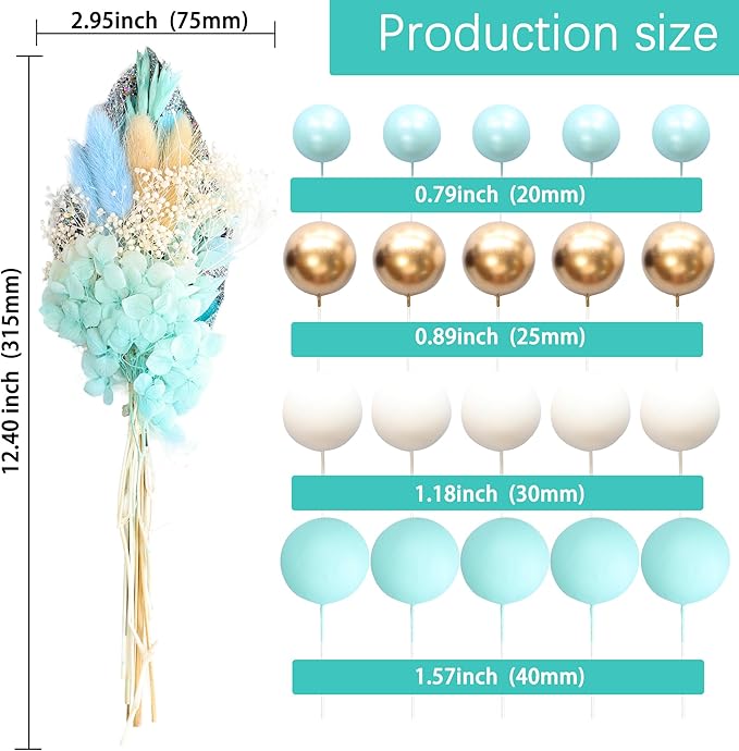 Gyufise 21 Pack Flower Boho Cake Topper Ball Cake Decorations Palm Leaves Plants Cake Decor for Girl Bohemian Princess Theme Wedding Baby Shower Birthday Party Supplies Blue