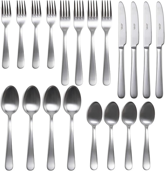 Signature Stainless Steel Flatware 20-Piece Set - Service for 4, Premium Stainless Steel with Weighted Handles, Dishwasher Safe, Everyday or Special Occasion Cutlery (Satin Finish)