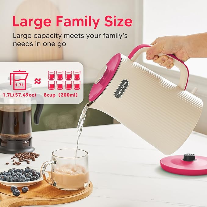Nueve&Five 1.7L (57oz) Large Electric Kettle Perfect for 7+Cups of Tea and Coffee,2 quarts Double Wall Big Electric Tea Kettle,Auto Shut Off,1200W Hot Water Kettle Electric -Red