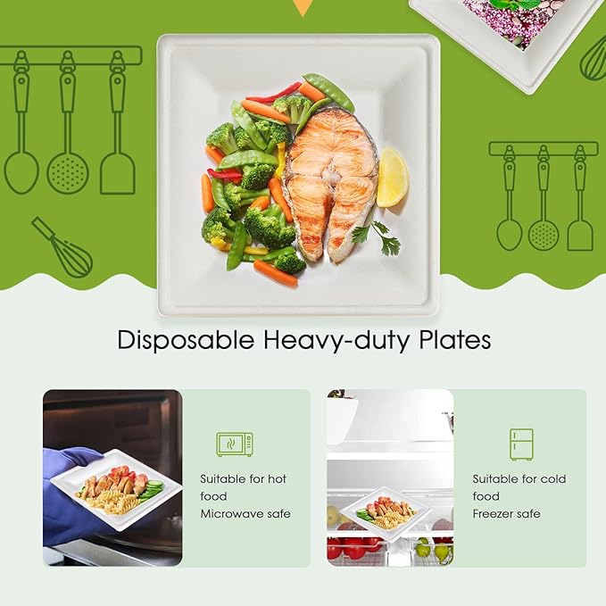 ECOLipak 120 Pack Compostable Paper Plates, 10 inch and 8 inch Heavy Duty Eco friendly Sugarcane Biodegradable Disposable Square Plates for Party Dinner Birthday