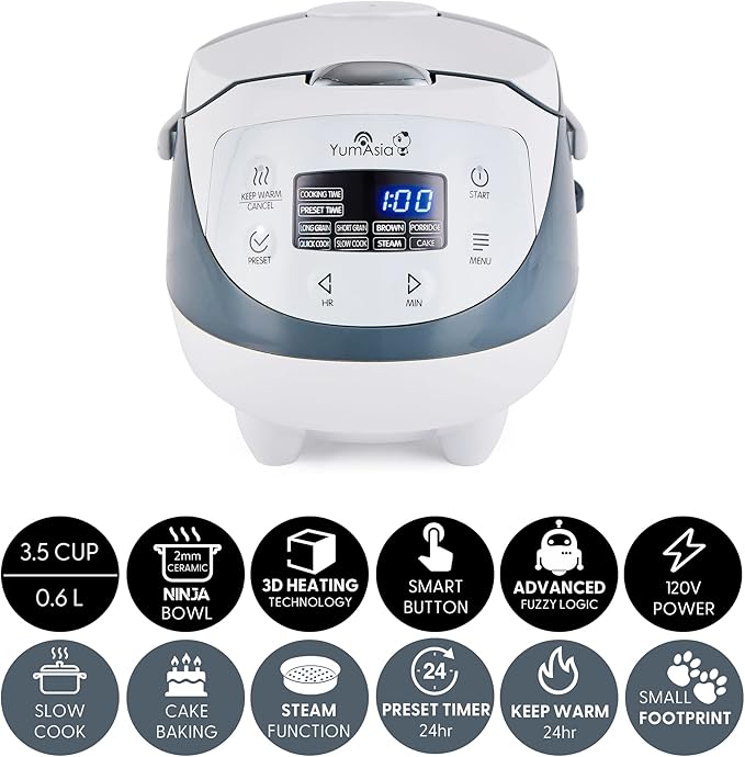 Yum Asia Panda Mini Rice Cooker With Ninja Ceramic Bowl and Advanced Fuzzy Logic (3.5 cup, 0.63 litre) 4 Rice Cooking Functions, 4 Multicooker functions, Digital LED display - 120V
