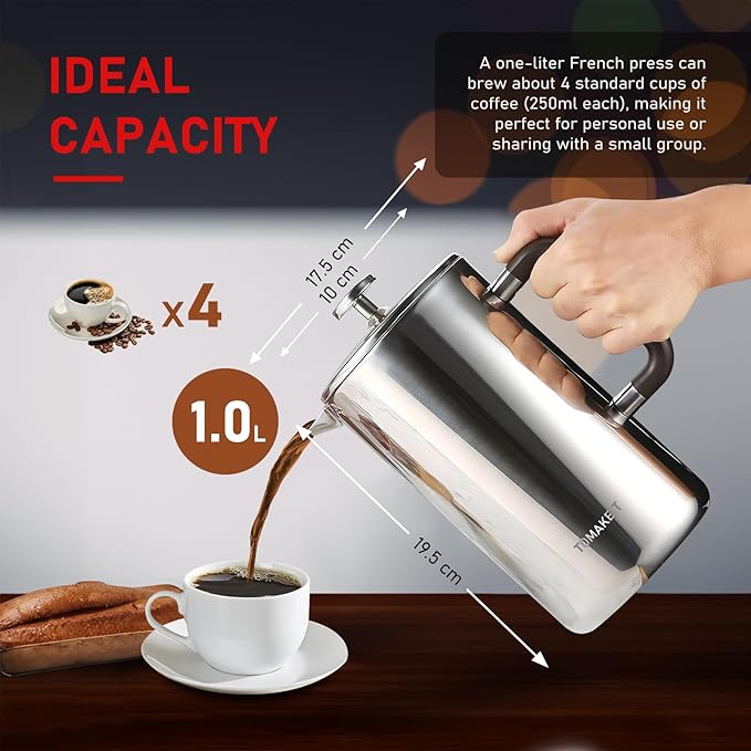 1L/34 Oz French Press Coffee Maker,304 Stainless Steel Coffee Press,Durable & Easy Clean,Leak-Proof Design,Prensa Francesa Para Cafe for Home,Office,Camping