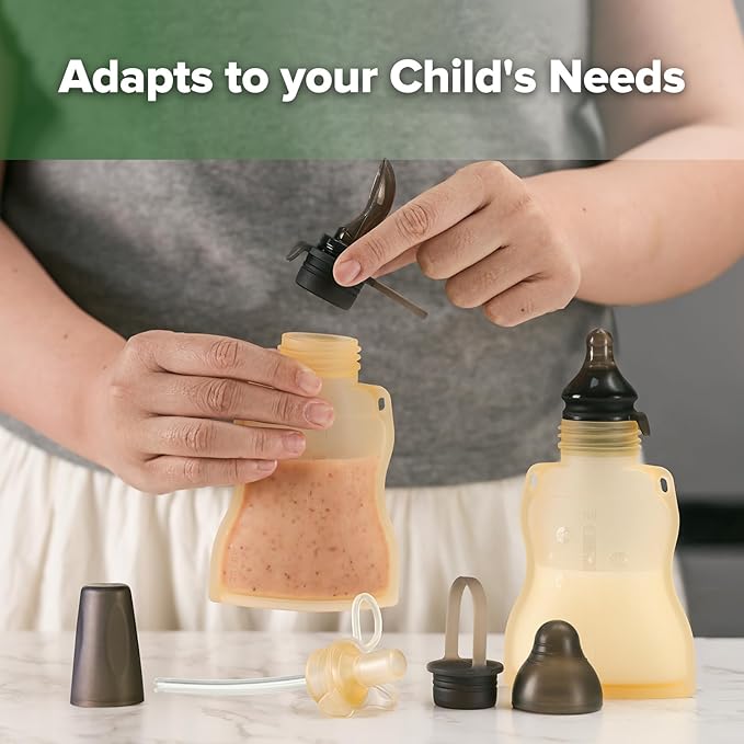 haakaa Baby Food Pouch Refillable Baby Squeeze Silicone Yummy Pouch, Soft Reusable Squeeze Storage Food Pouch for Kids Toddler,Home Made Food Puree,Smoothie Pouch Bag, 4oz, 4 Pack,6m+ (Yellow)