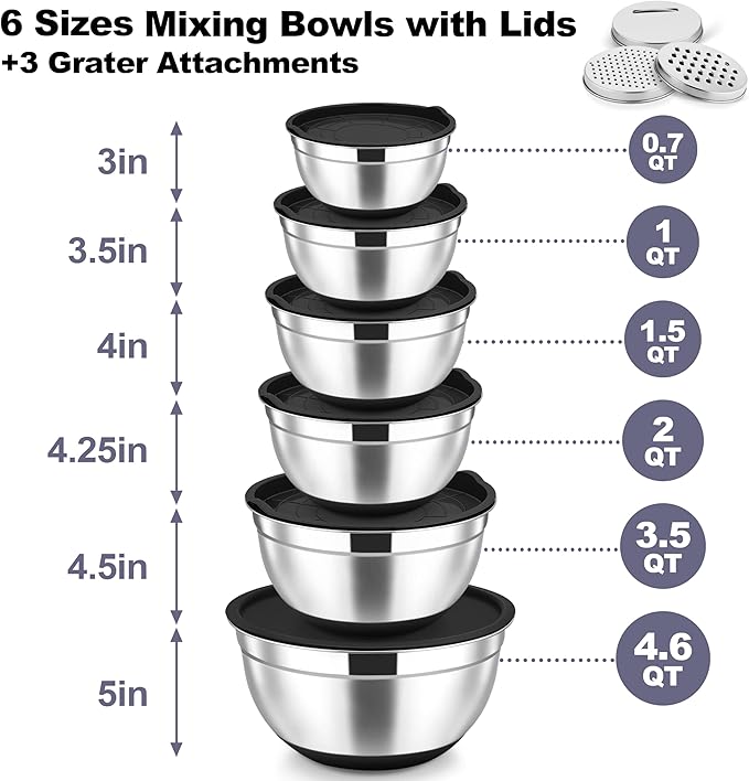 TeamFar Mixing Bowls, Stainless Steel Nesting Salad Bowl with Lids & 3 Graters, For Kitchen Cooking Serving Prepping, Airtight & Non-Slip, Size 4.6/3.5/2/1.5/1/0.7 QT, Set of 5 & Black