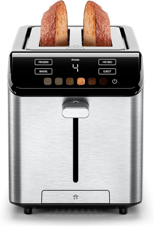 Chefman Smart Touch 2 Slice Digital Toaster, 6 Shade Settings, Touchscreen Controls, Extra-Wide Slots for Thick Breads & Bagels, +10 Seconds, Defrost, Removable Crumb Tray – Stainless Steel