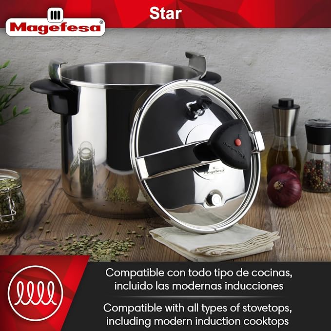 MAGEFESA Star Pressure Cooker, 8.4-Quart, 18/10 Stainless Steel, Works on All Stovetops (Induction Compatible), Safety Lock & 8 PSI Cooking