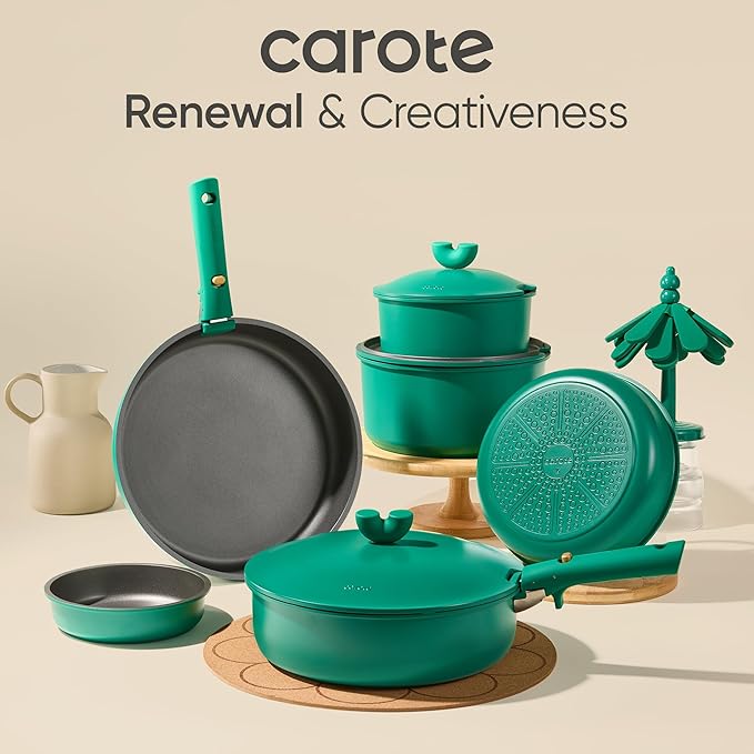 CAROTE 27pcs Pots and Pans Set Non Stick, Gift Set Nonstick Cookware Die-cast Aluminum Detachable Handle, Dishwasher/Oven Safe, Induction Cooking Pot and Pan Sets, Green, RV Kitchen Cookwares