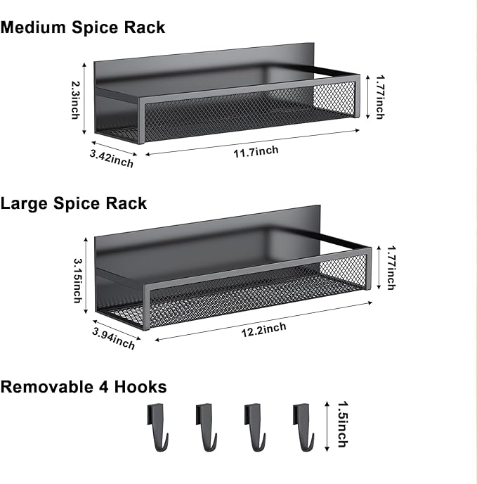 Magnetic Spice Rack for Refrigerator, 2 Pack Magnetic Shelf, Fridge Magnet Organizer with Moveable 4 Hooks, Magnetic Fridge Shelf for Kitchen Organization and Storage (2 Pack)