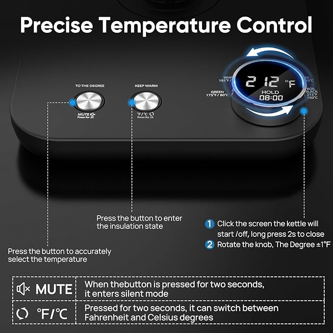 COZII Gooseneck Electric Kettle, 5 Presets & ±1℉ Temperature Control 1200W Quick Heating Water Boiler for Coffee/Tea, 24H Keep Warm, Auto Shut Off Pour Over Kettle with 50pcs Coffee Filter,0.9L Black