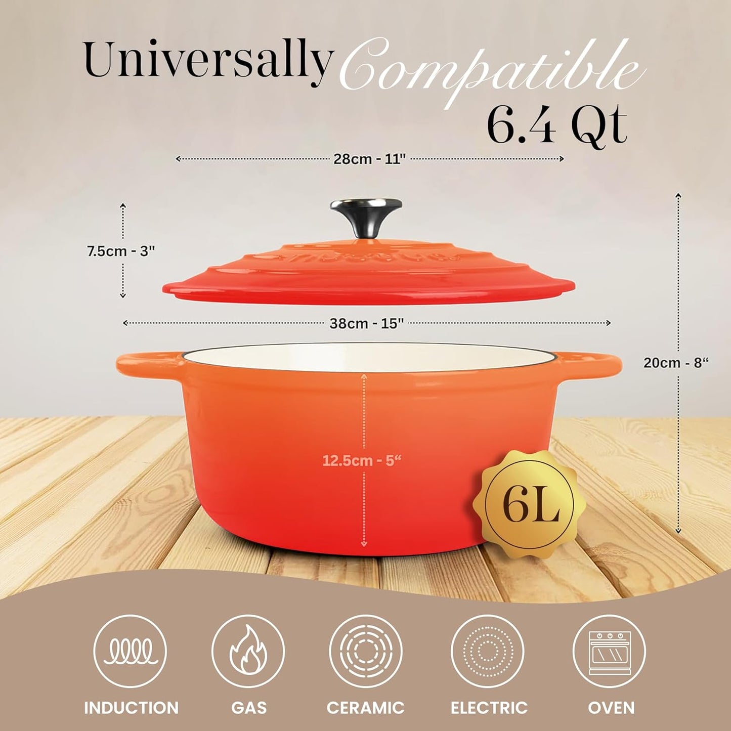 Nuovva Enamelled Cast Iron Dutch Oven Pot with Lid – 6.4 Quart Non Stick Casserole Pot – Heavy Duty & Oven Safe up to 500° F for Bread Baking, Braising, Stews, Roasting – 28cm Orange