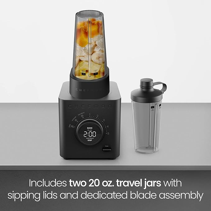 Chefman Obliterator 48 oz Countertop Blender for Smoothies, 1380W Motor to Crush Ice, Nuts, and Frozen Fruit with Stainless Steel Blade, Blender Pack Includes Two 20 oz. Travel Jars - Midnight