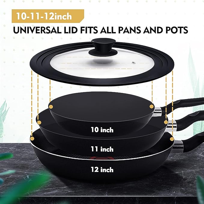 Universal Lid for Pots, Pans and Skillets, Pot Lid With Heat Resistant Silicone Rim and Tempered Glass,Fits 10", 11", 12" Diameter Pots and Pans