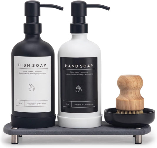 [Luxury] Kitchen Soap Dispenser Set - 16OZ Glass Bottle, Stainless Steel Pump, Instant Dry Tray, Waterproof Labels, Non-Slip Silicone Pad, and Dish Brush | Upgrade for Your Kitchen and Bathroom