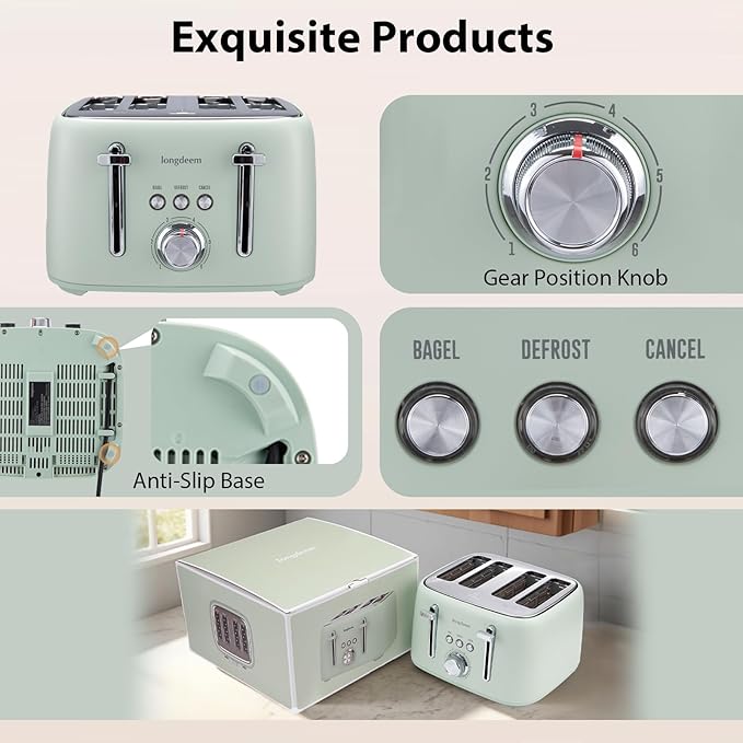 4-Slice Toaster 1.5" Extra Wide Slot Stainless Steel with High Lift Lever, 6 Presets & Bagel/Defrost/Cancel Function, Removal Crumb Tray, Under Base Cord Storage, Green